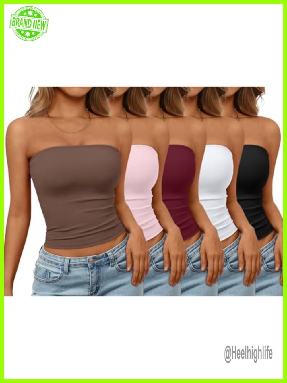 Women's 5 Pack Crop Tube Top Strapless Bandeau Set Slim Fit